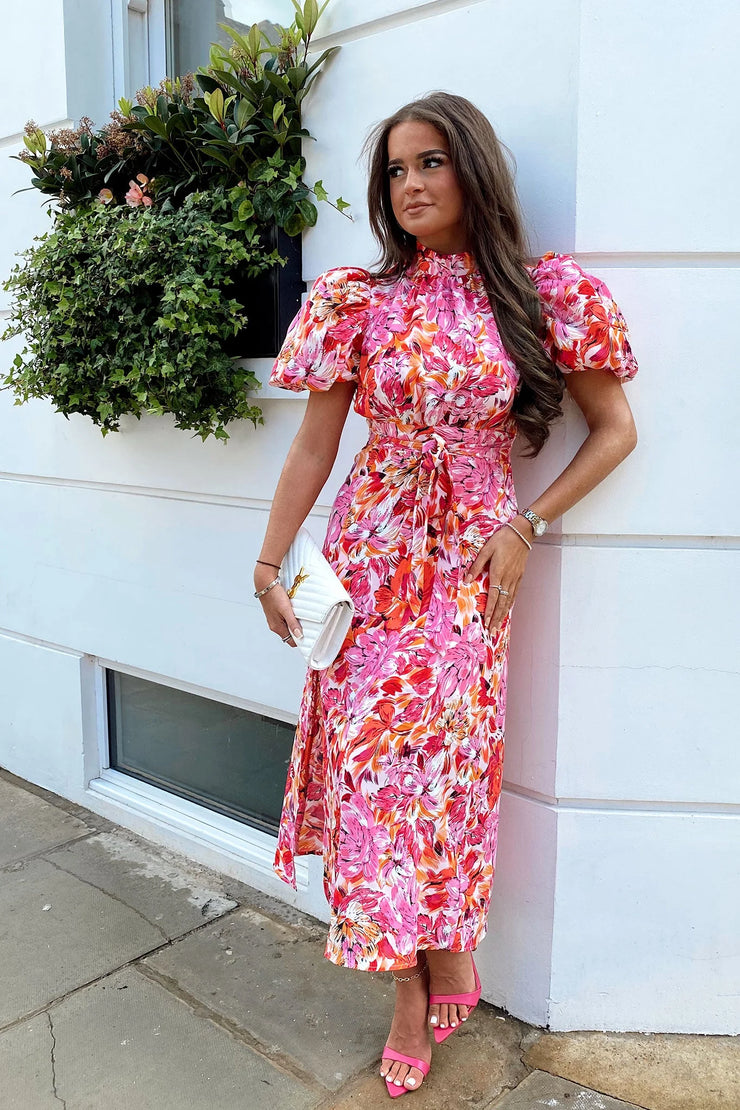 Lilly Pink and Orange Floral Print Puff Sleeve Midi Dress