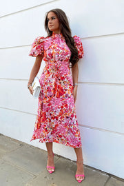 Lilly Pink and Orange Floral Print Puff Sleeve Midi Dress