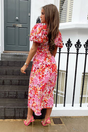 Lilly Pink and Orange Floral Print Puff Sleeve Midi Dress