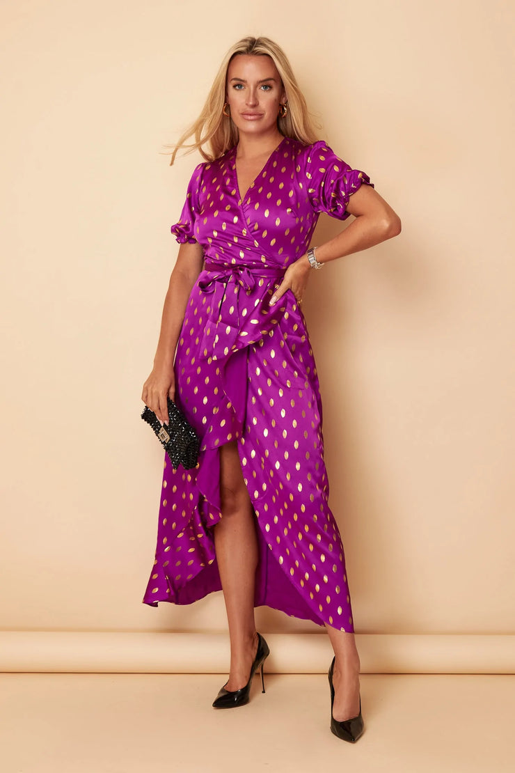Fiona Orchid Satin with Gold Foil Frill Hem Dress