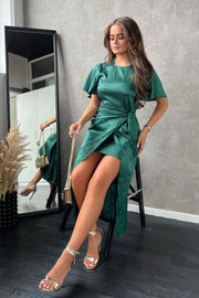 Shannon Emerald Leopard Satin Wrap Style Midi Dress