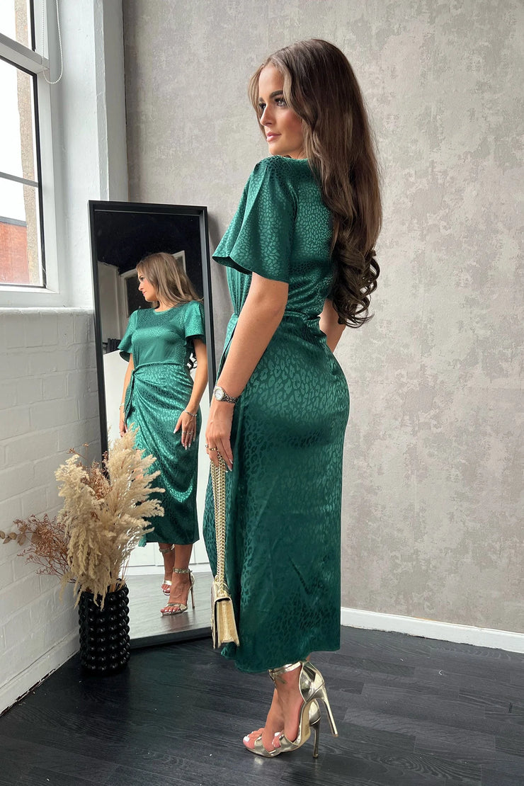 Shannon Emerald Leopard Satin Wrap Style Midi Dress