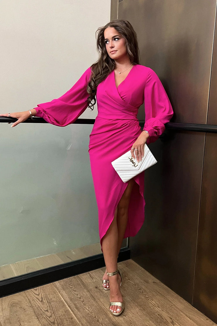 Alexa Magenta Long - Asymmetric Boutique Dress Sleeve Pink Rose Koko
