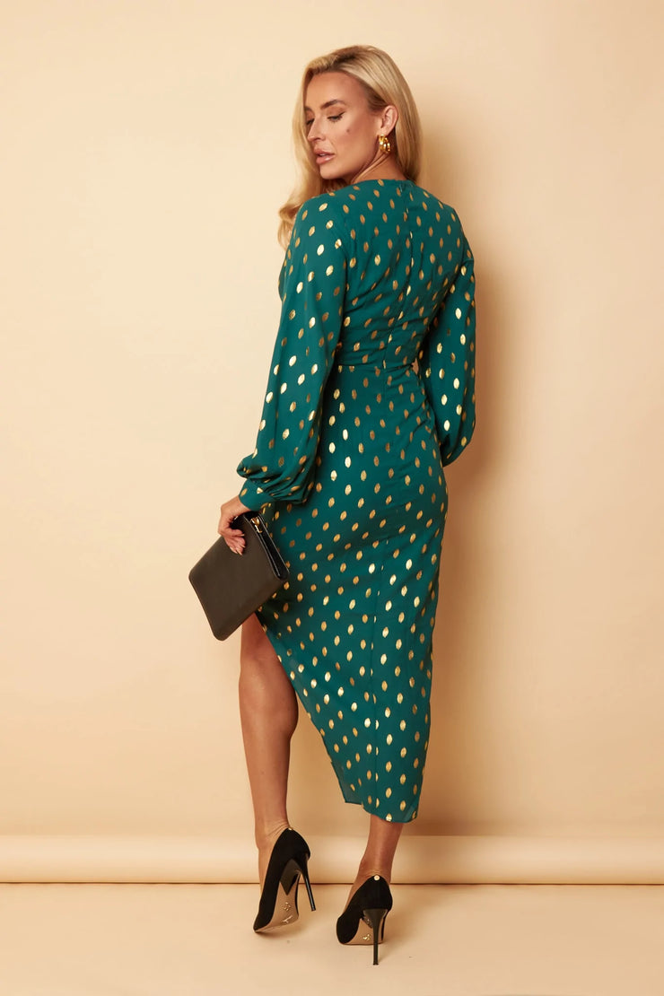 Alexa Green with Gold Foil Asymmetric Long Sleeve Dress - Koko Rose Boutique Alexa Green with Gold Foil Asymmetric Long Sleeve Dress - Koko Rose Boutique