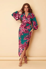 Alexa Green Pink Floral Asymmetric Long Sleeve Dress