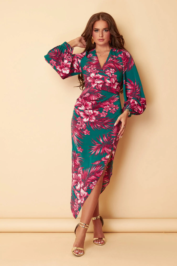 Alexa Green Pink Floral Asymmetric Long Sleeve Dress