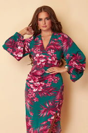 Alexa Green Pink Floral Asymmetric Long Sleeve Dress