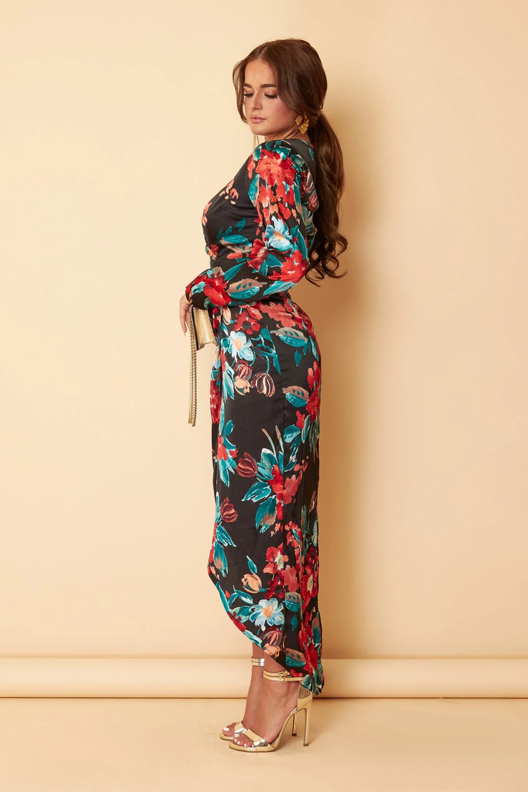 Grace Red Teal Floral Print Long Sleeve Maxi Dress