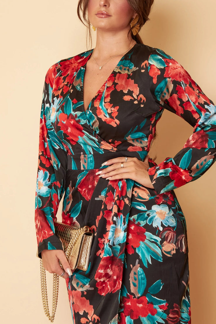 Grace Red Teal Floral Print Long Sleeve Maxi Dress