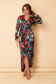 Grace Red Teal Floral Print Long Sleeve Maxi Dress
