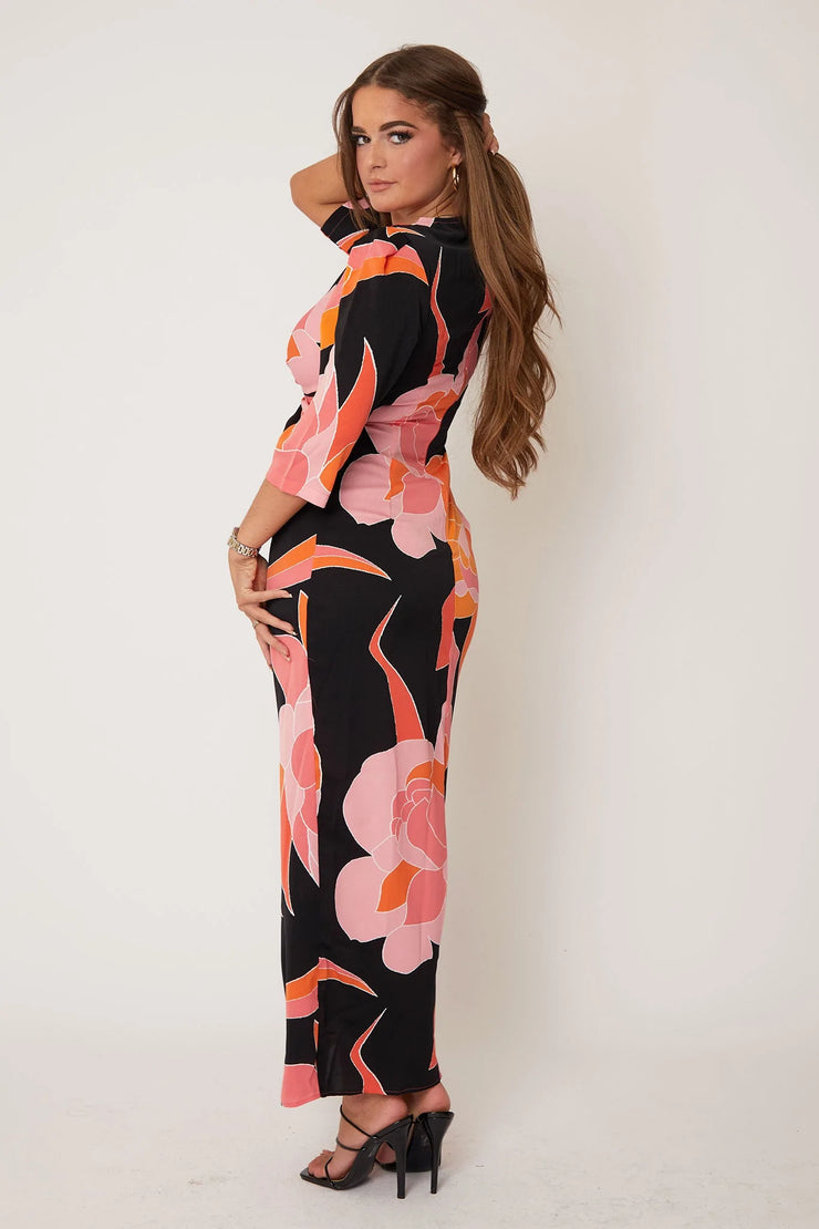 Zena Orange and Pink Floral Twist Detail Midi Dress