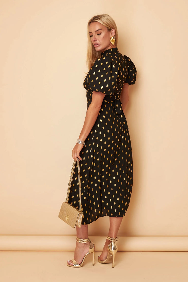 Lilly Black Gold Foil Print Puff Sleeve Midi Dress - Koko Rose Boutique Lilly Black Gold Foil Print Puff Sleeve Midi Dress - Koko Rose Boutique