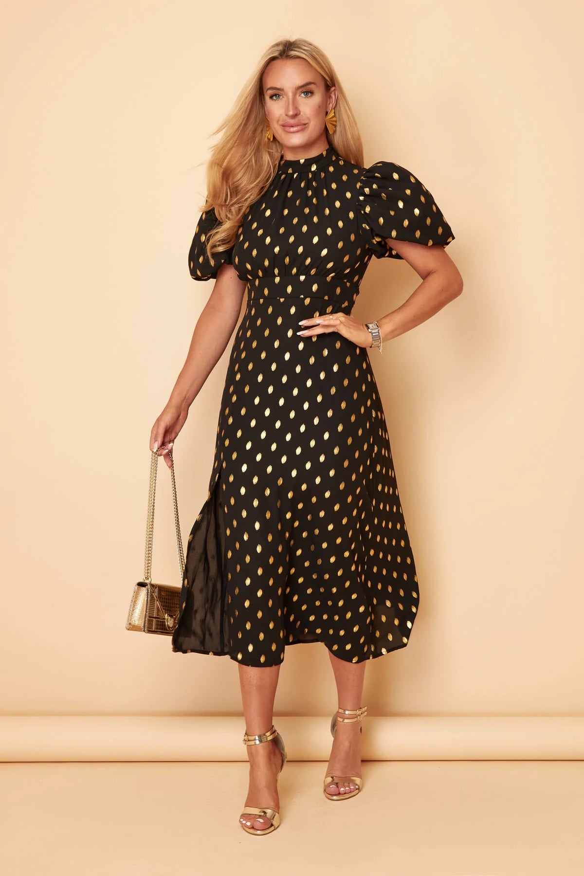 Lilly Black Gold Foil Print Puff Sleeve Midi Dress - Koko Rose Boutique Lilly Black Gold Foil Print Puff Sleeve Midi Dress - Koko Rose Boutique