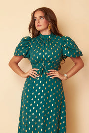 Lilly Emerald Green Gold Foil Print Puff Sleeve Midi Dress