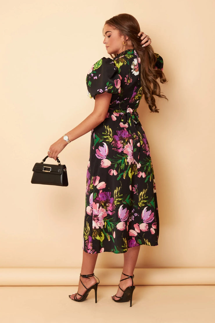 Lilly Black Floral Print Puff Sleeve Midi Dress