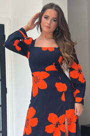 Breanna Navy & Orange Floral Square Neck Midi Dress