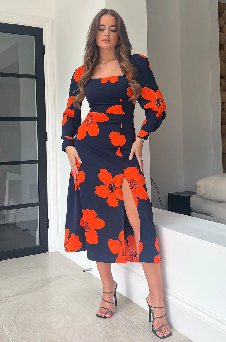 Breanna Navy & Orange Floral Square Neck Midi Dress