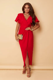 Charlie Red Wrap Style Midi Dress