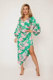 Penny Pink & Green Floral Print Asymmetric Midi Dress