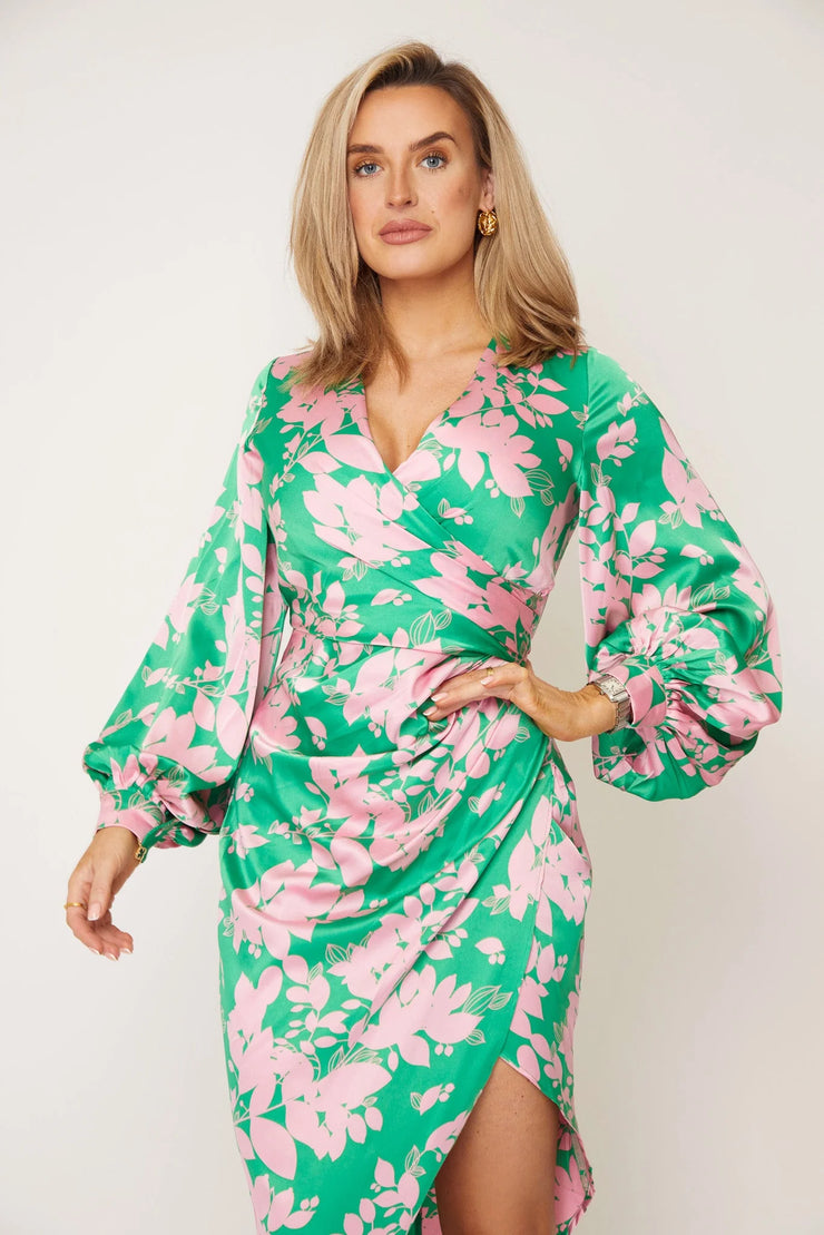 Penny Pink & Green Floral Print Asymmetric Midi Dress - Koko Rose Boutique Penny Pink & Green Floral Print Asymmetric Midi Dress - Koko Rose Boutique