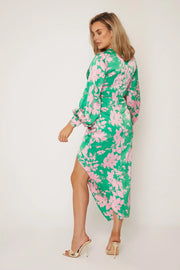 Penny Pink & Green Floral Print Asymmetric Midi Dress