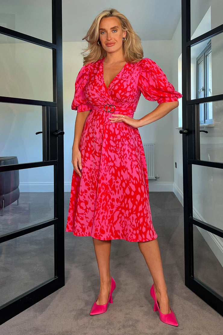 Alana Pink and Red Buckle Detail Midi Dress