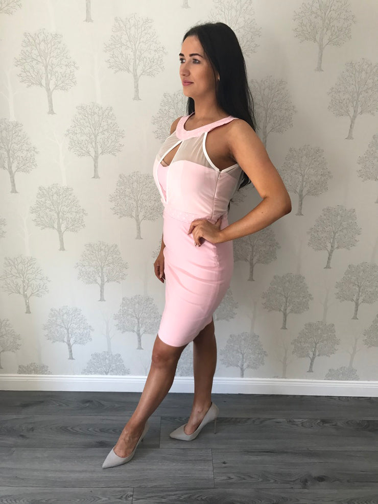 Soft Pink High Neck Mesh Style Knee Length Dress