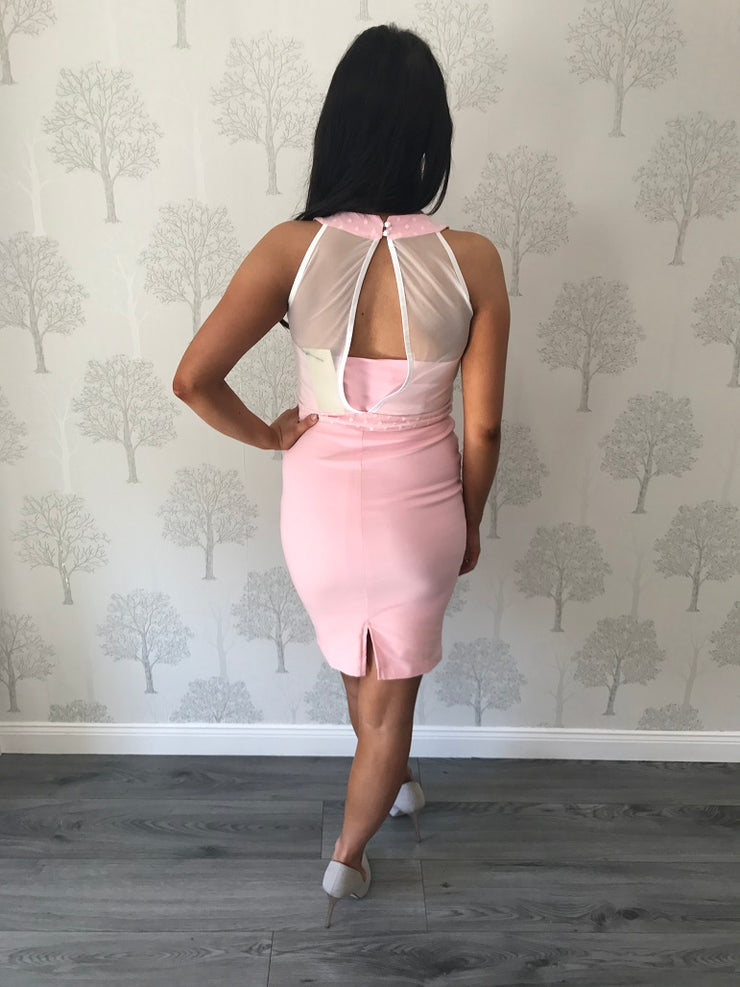 Soft Pink High Neck Mesh Style Knee Length Dress