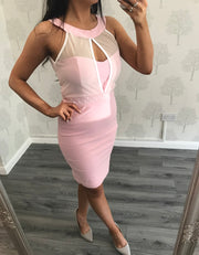Soft Pink High Neck Mesh Style Knee Length Dress