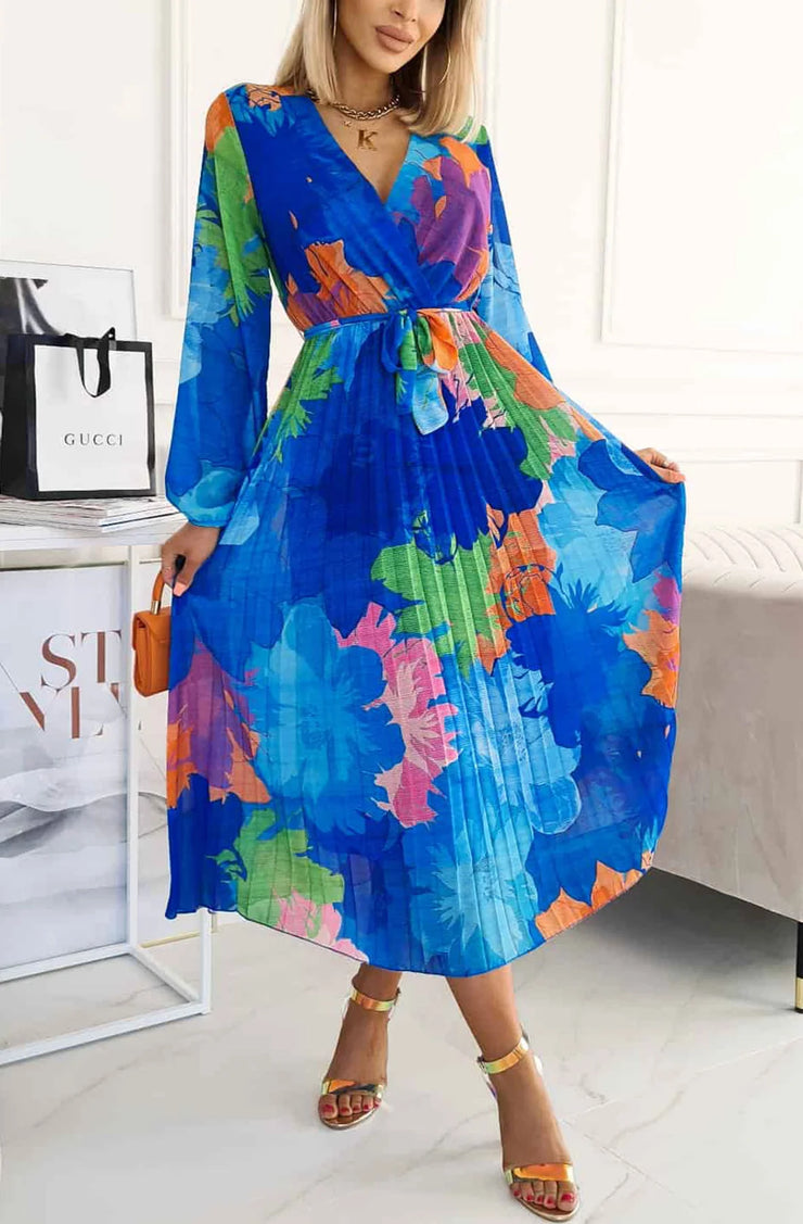 Jordie Blue Floral Print Belted Midi Dress