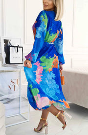Jordie Blue Floral Print Belted Midi Dress