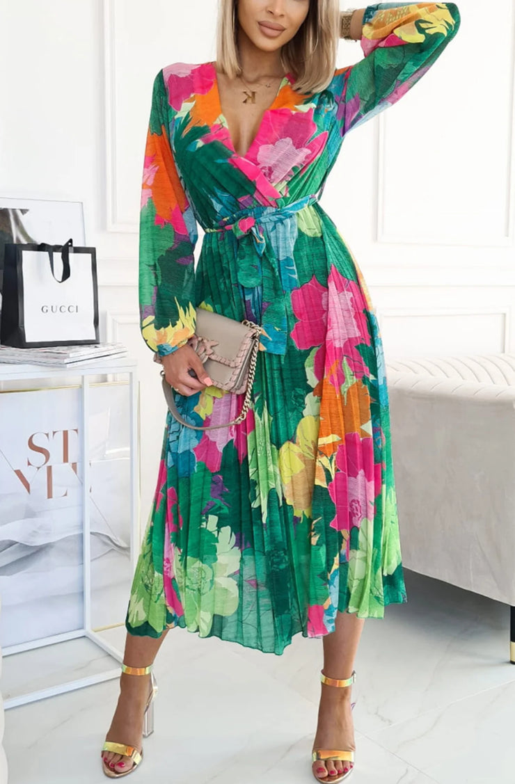 Jordie Green Floral Print Belted Midi Dress