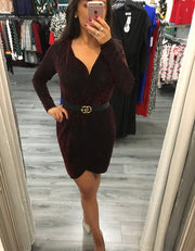 Tegan Wine Sparkle Wrap Mini Dress