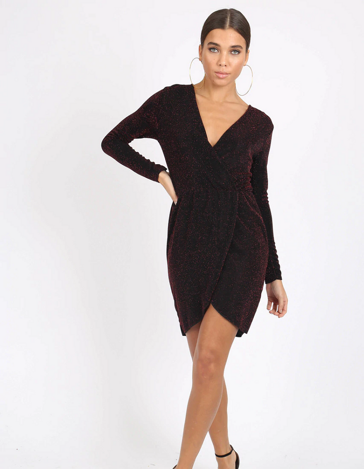 Tegan Wine Sparkle Wrap Mini Dress