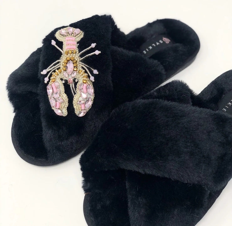 Crystal Black Fluffy Slippers with Pink Lobster Brooch