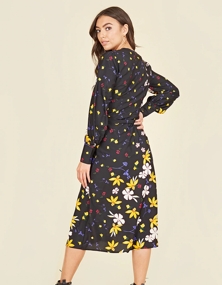 Lydia Multi Floral Button Front Belted Midi Dress