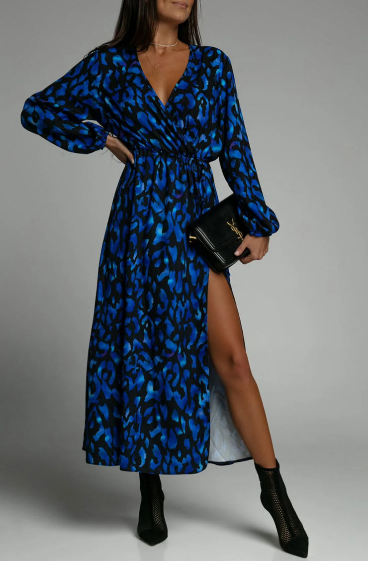 Zola Royal Blue Leopard Print Midaxi Dress