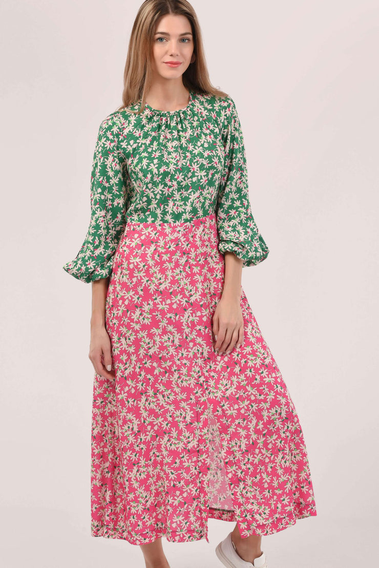 Molly Pink & Green Floral A Line Midi Dress