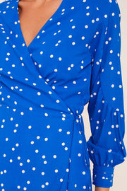 Emer Cobalt Blue Polka Dot Wrap Frill Hem Dress