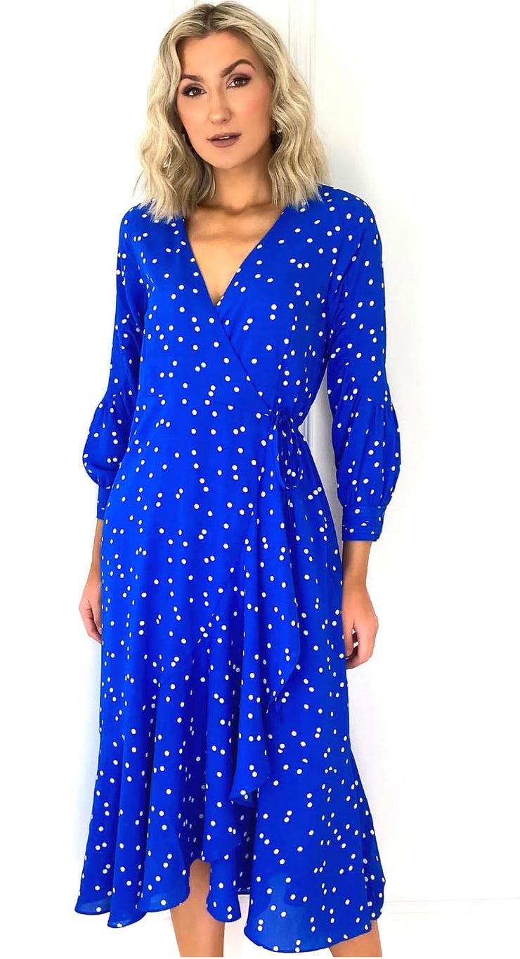 Emer Cobalt Blue Polka Dot Wrap Frill Hem Dress