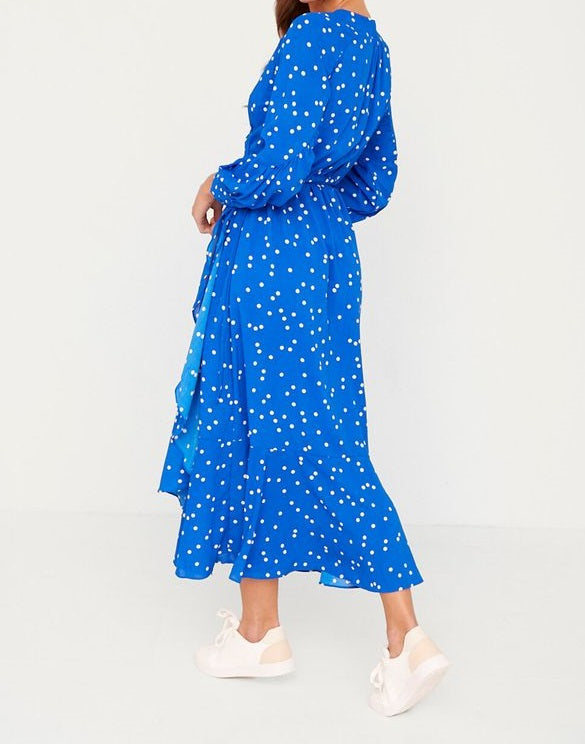 Emer Cobalt Blue Polka Dot Wrap Frill Hem Dress