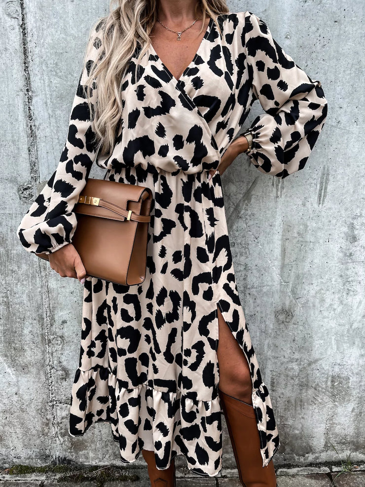 Avery Beige Animal Print Wrap Front Midi Dress