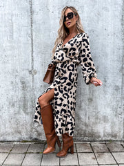 Avery Beige Animal Print Wrap Front Midi Dress