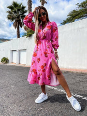 Eden Pink Floral Print Button Midi Dress