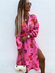 Eden Pink Floral Print Button Midi Dress