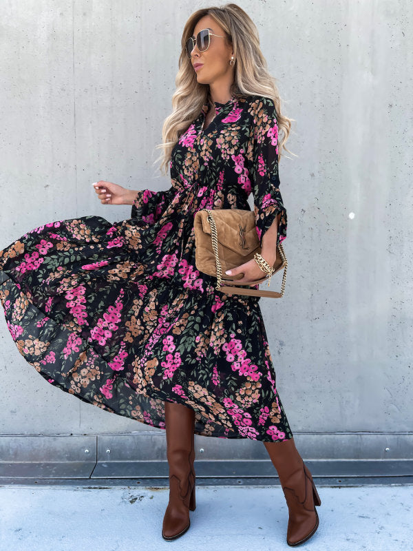 Karen Black Pink Multi Print Long Sleeve Midi Dress