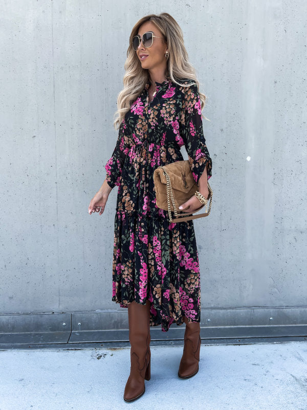 Karen Black Pink Multi Print Long Sleeve Midi Dress