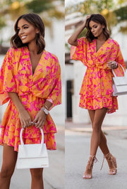 Candice Orange and Pink Batwing Sleeve Dress