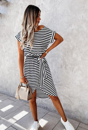 Janice Black and White Stripe Wrap Style Belted Dress