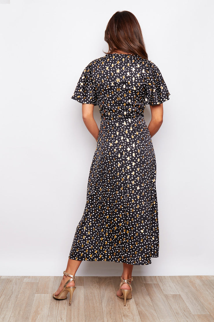 Jojo Black with Gold Foil Print Angel Sleeve Midi Dress